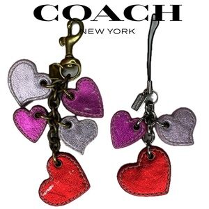 Coach Pink And Red Metallic Y2K Leather Vintage Phone Charm Heart Keychain